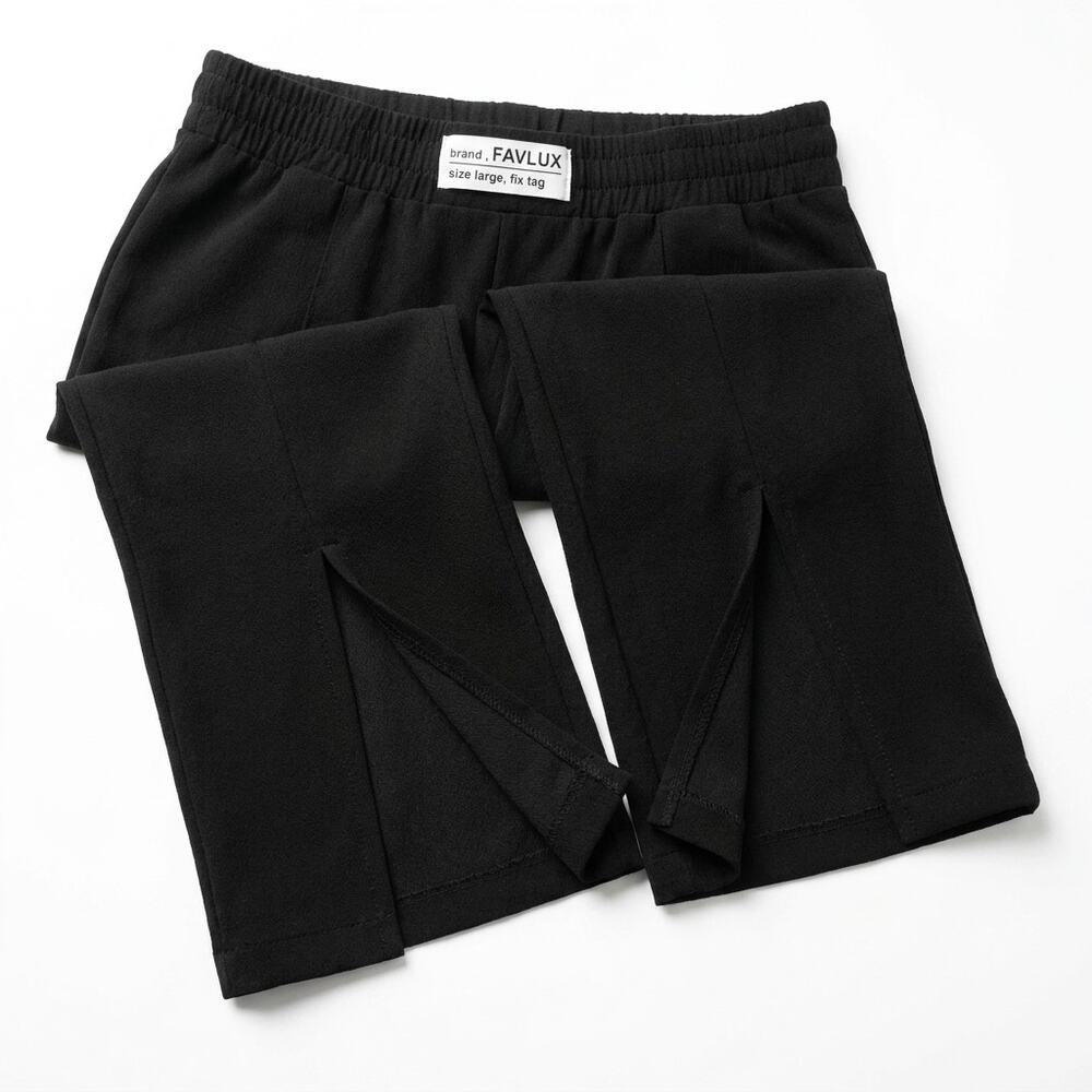 Favlux Black Wide-Leg Pull-On Pants Size Large Elastic Waist Side Slits